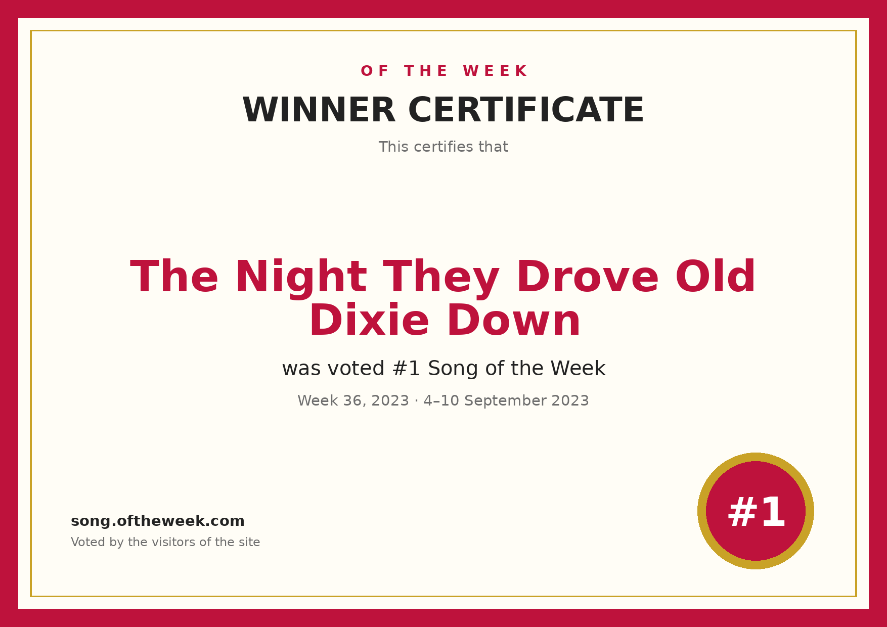 Certificate — The Night They Drove Old Dixie Down